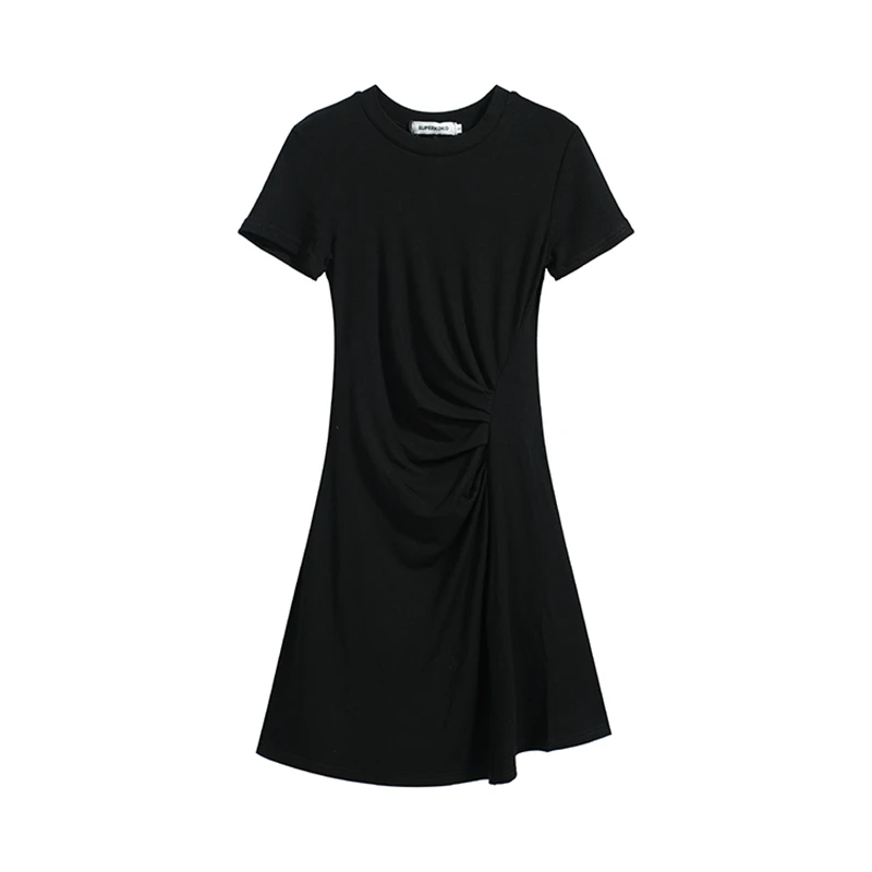 

Women's Round Neck Short Sleeved Black Dress Summer New Basic Matching Female Vintage Pleated Waist Thin Short Skirt