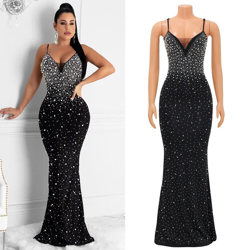 

Beautiful Open Back Pearls Rhinestone Maxi Dress Summer Womens Elegant Crystal Party Dresses Gowns Birthday Outfits