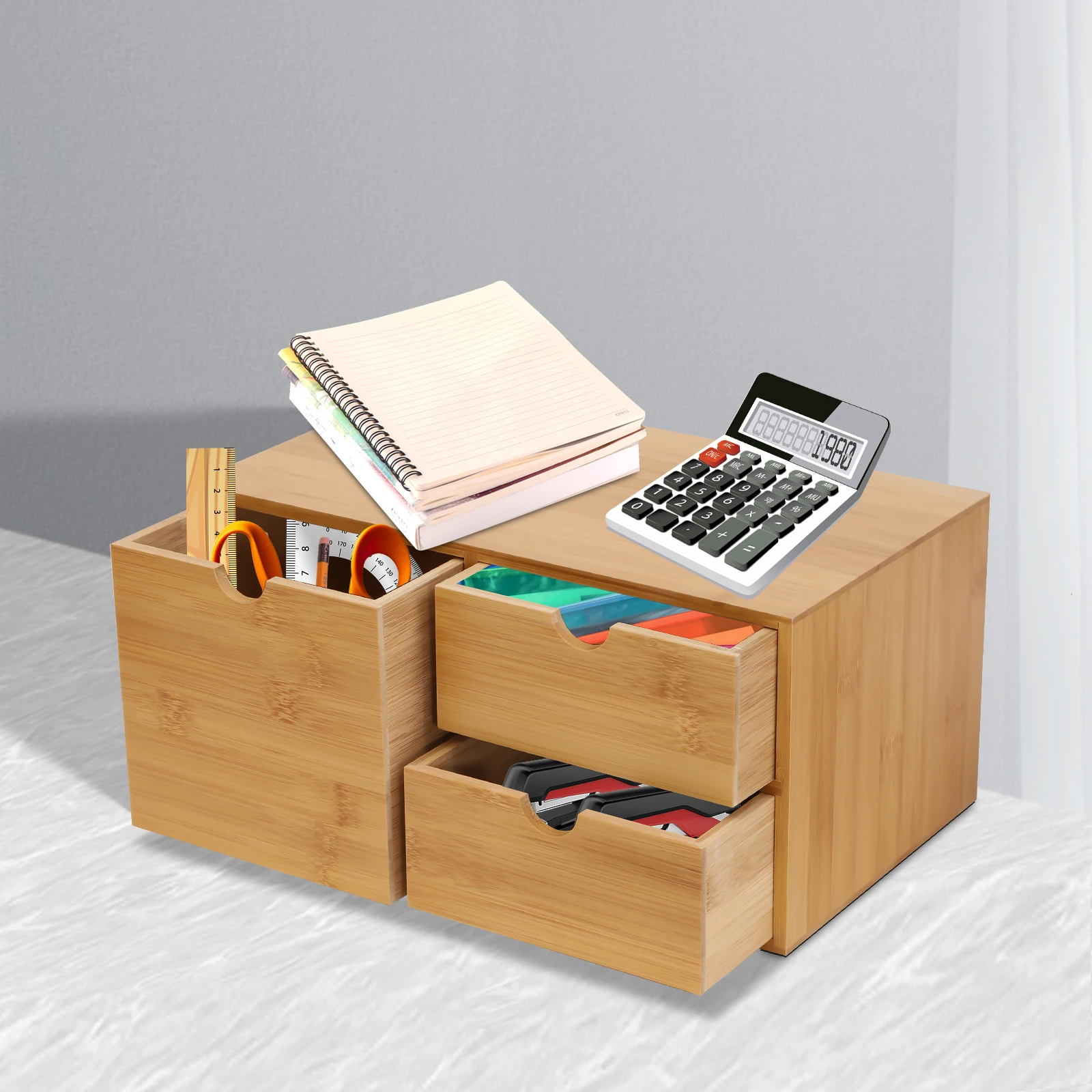 Bamboo Desk Organizer, Mini Drawer, Tabletop Storage, Organization Box for Office, Home, Toiletries Supplies, No Attachment