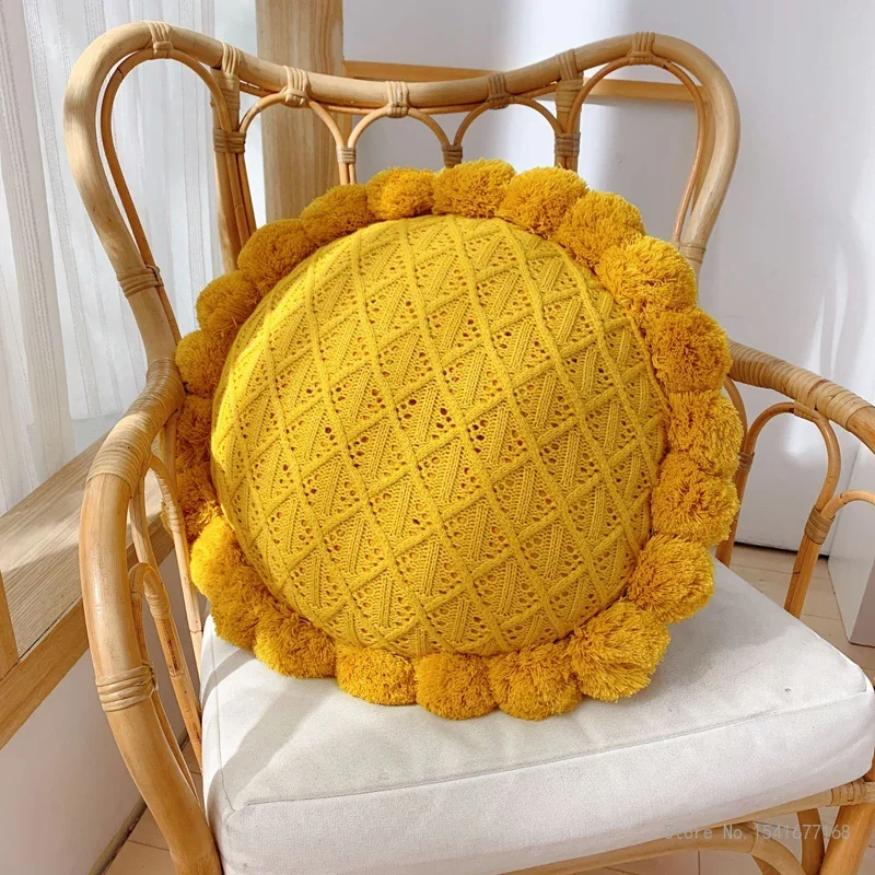 Creative Pillow Knitted Wool Cushion for Sofa, Lattice Ball, Nordic, Circular seat cushion, Stereo Hollow Cushion, 50cm Diameter