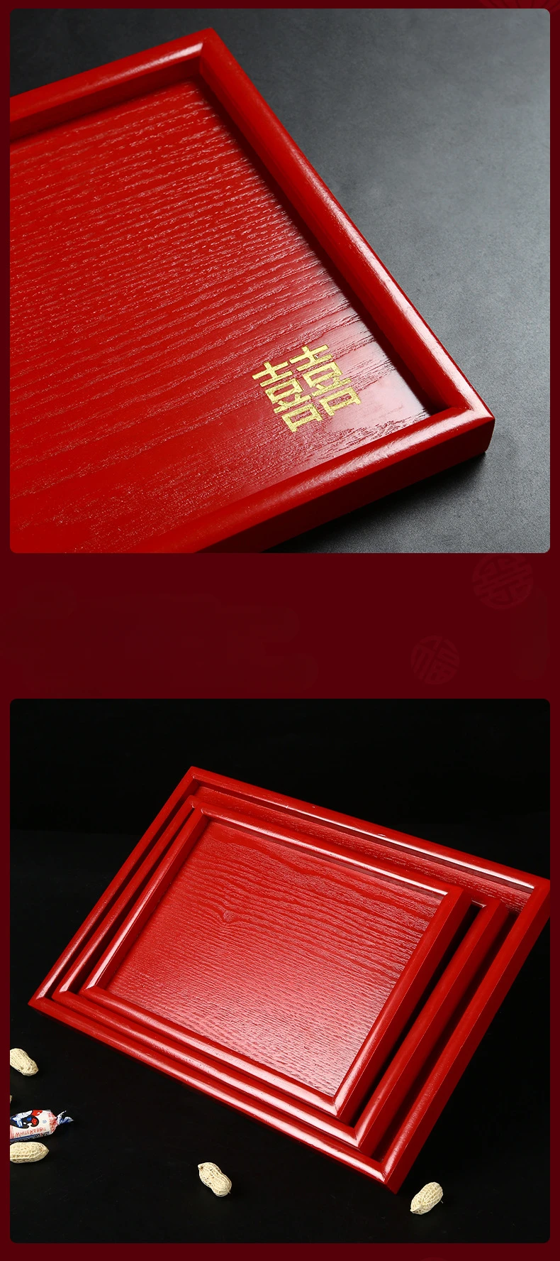 Description Picture 4 of item1pc Wooden Red Tray Wedding Supplies Living Room Dried Fruits, Snacks, Candy Plates Red Tea Tray Home Storage Decoration