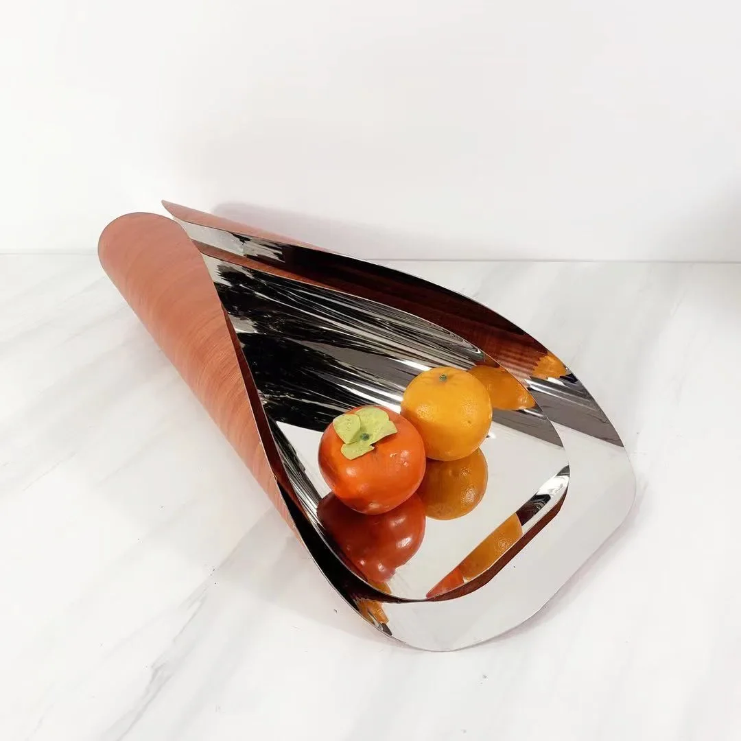 Modern simple stainless steel geometric crimping silver tray fruit plate ornament model house sales office soft decoration 2