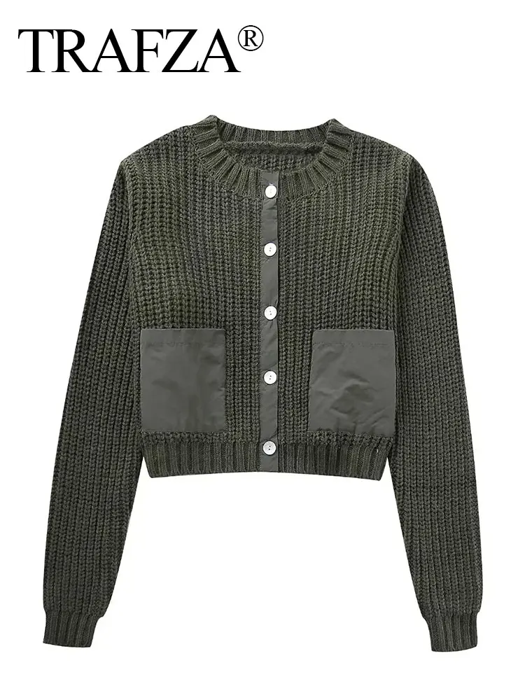

TRAFZA-Women's Long Sleeve Knitted Sweater, Round Neck, Slim Short Sweaters, Female Cardigans, Fashion Trend, Autumn, 2023