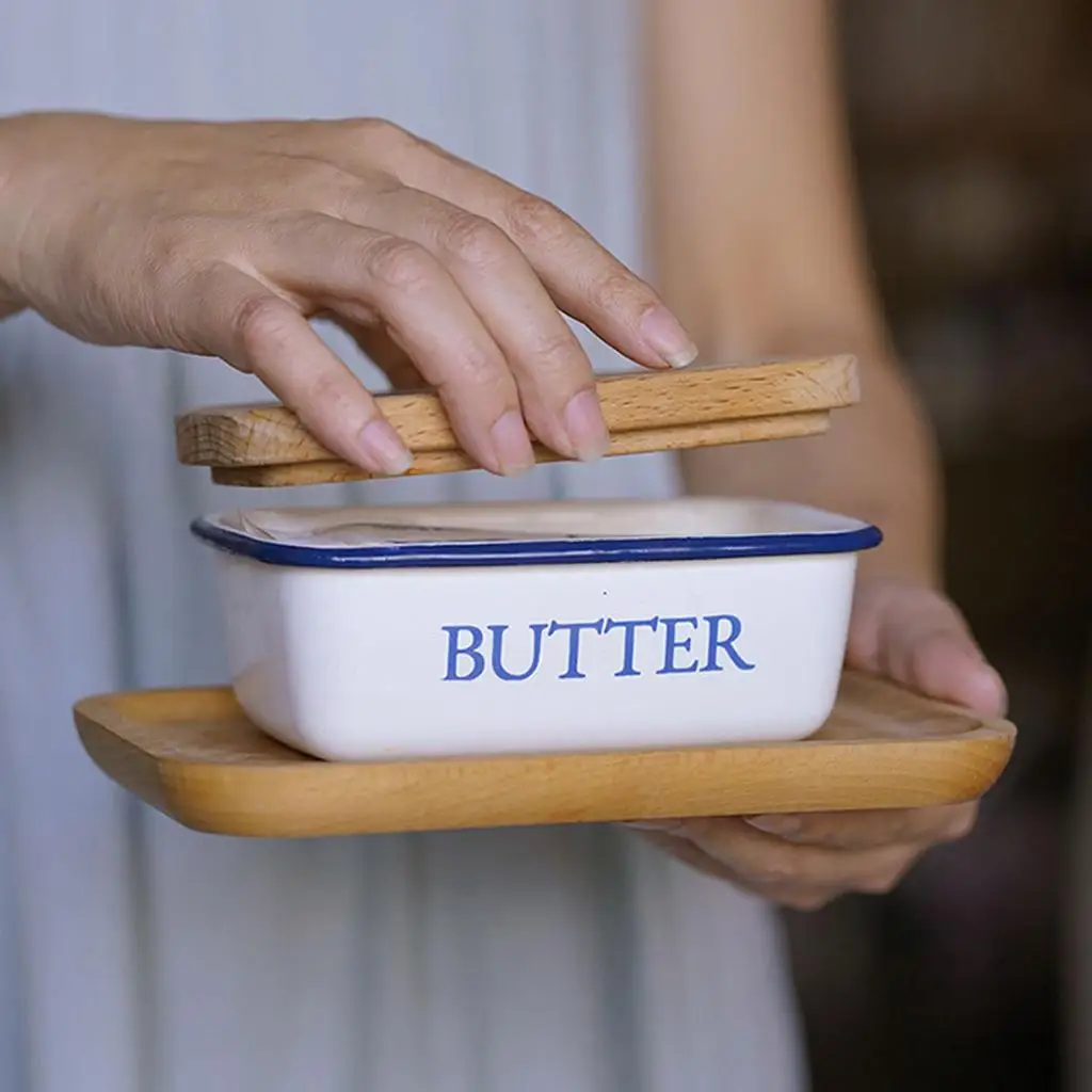 Enamel Butter Dish with Lid Holder Flanging Preservation Vintage Butter Keeper for Countertop Daily Use Refrigerator Cheese Nuts