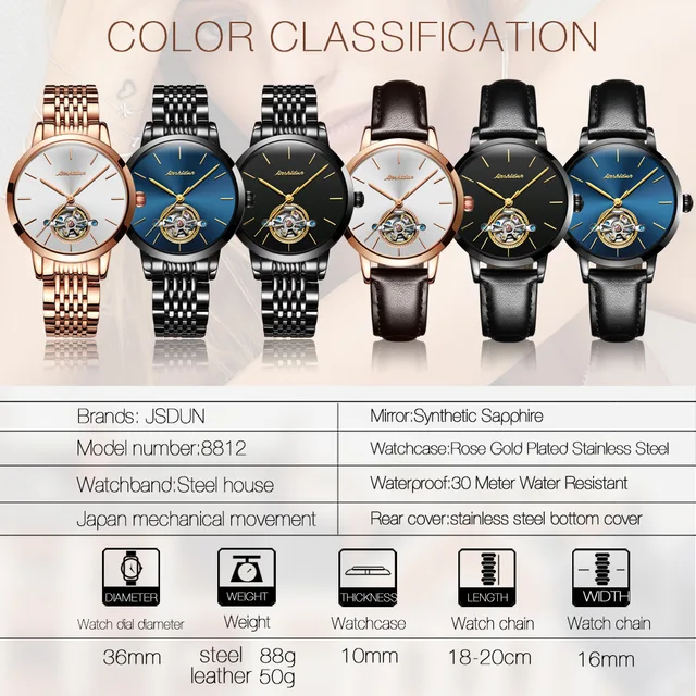 JSDUN Black Mechanical Watch for Women Luxury Sapphire Crystal Mirror Scratch Resistant Waterproof Ladies Dress Wristwatch 8812 6