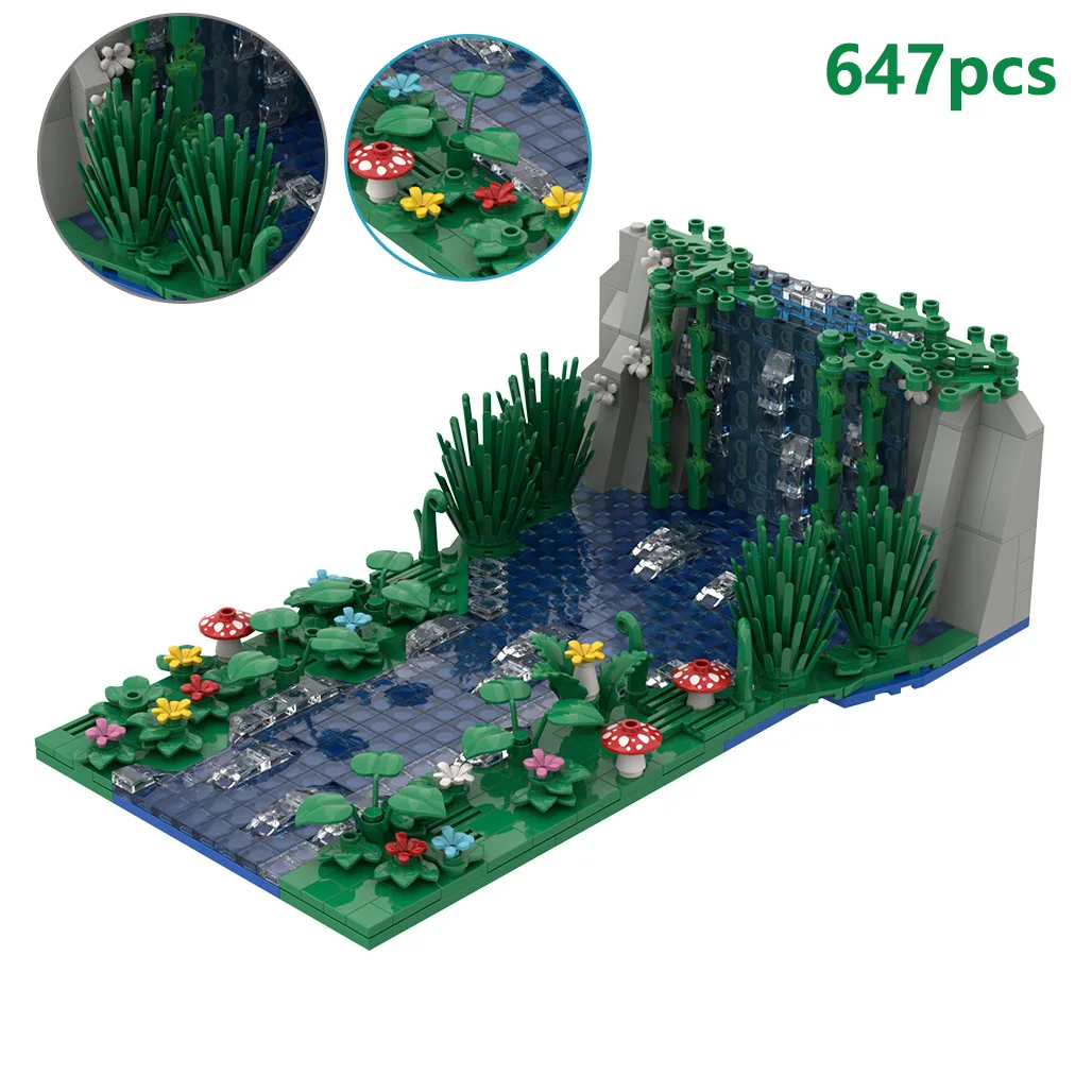 647pcs Waterfall Scene Moc Building Blocks Set Creative Pond Flower Mushroom Small Particle Assembled Bricks Model Kids Toy Gift