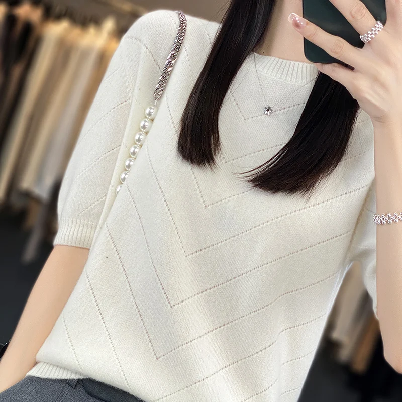 

Four Seasons Moze New Pure Wool Half Sleeves Women's Half High Neck Hollow 100% Pure Wool Loose Fashion Knitted Half Sleeves