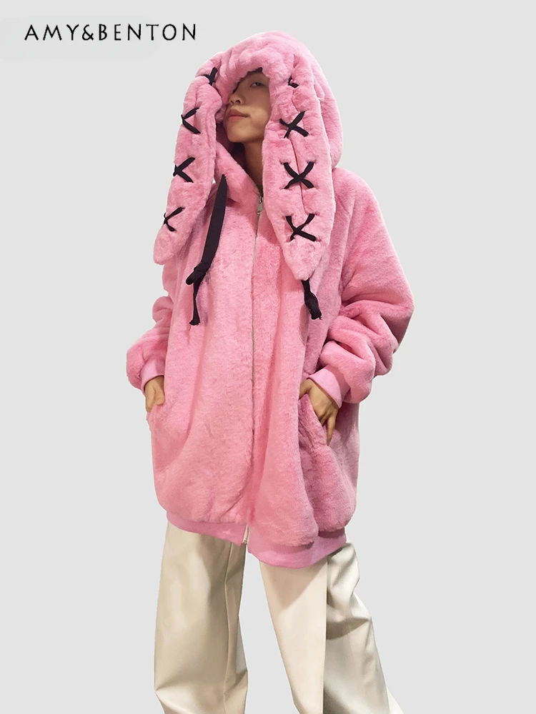 

Japanese Harajuku Pink Plush Hooded Jacket Female Cute Rabbit Ears Thick Warm Jackets Kawaii Oversized Goth Winter Clothes Women