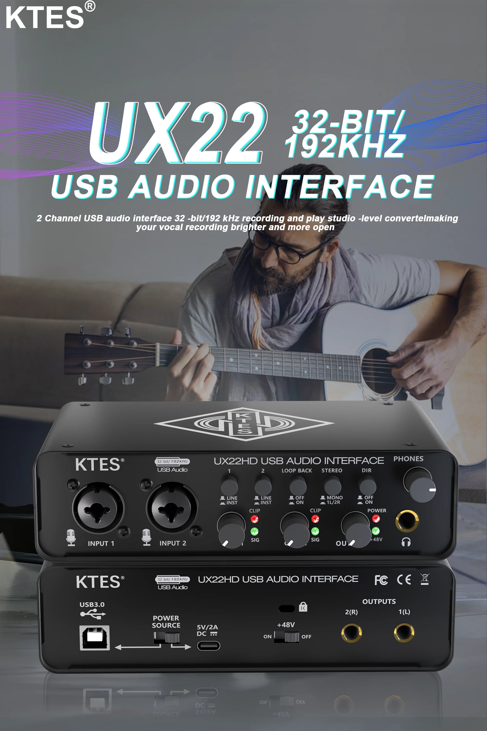 UX22 Audio Interface 192kHz 32-Bit USB Sound Card for Studio Recording Live Streaming Podcast DAW Music Production & YouTube