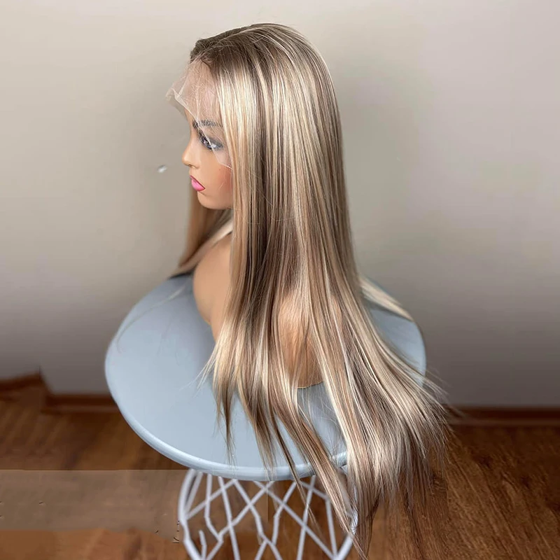 Balayage Ash Blonde Highlights Wigs with Dark Roots Long Straight Lace Front Wig Synthetic Blended Hair Glueless Wigs For Women