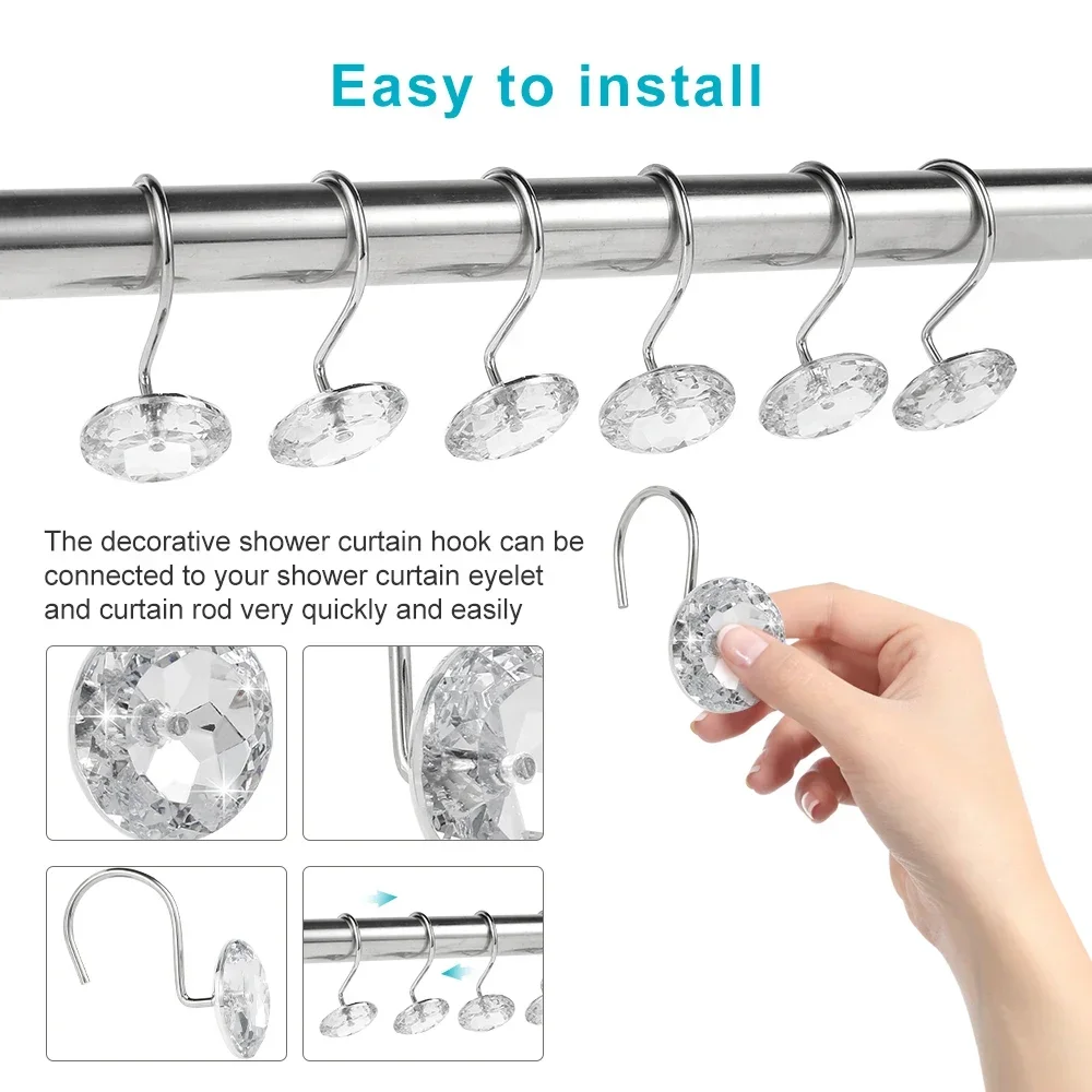 12Pcs Shower Curtain Hooks Rustproof Acrylic Crystal Round Diamond Decorative Rings for Curtain Rods Shower Rods NEW