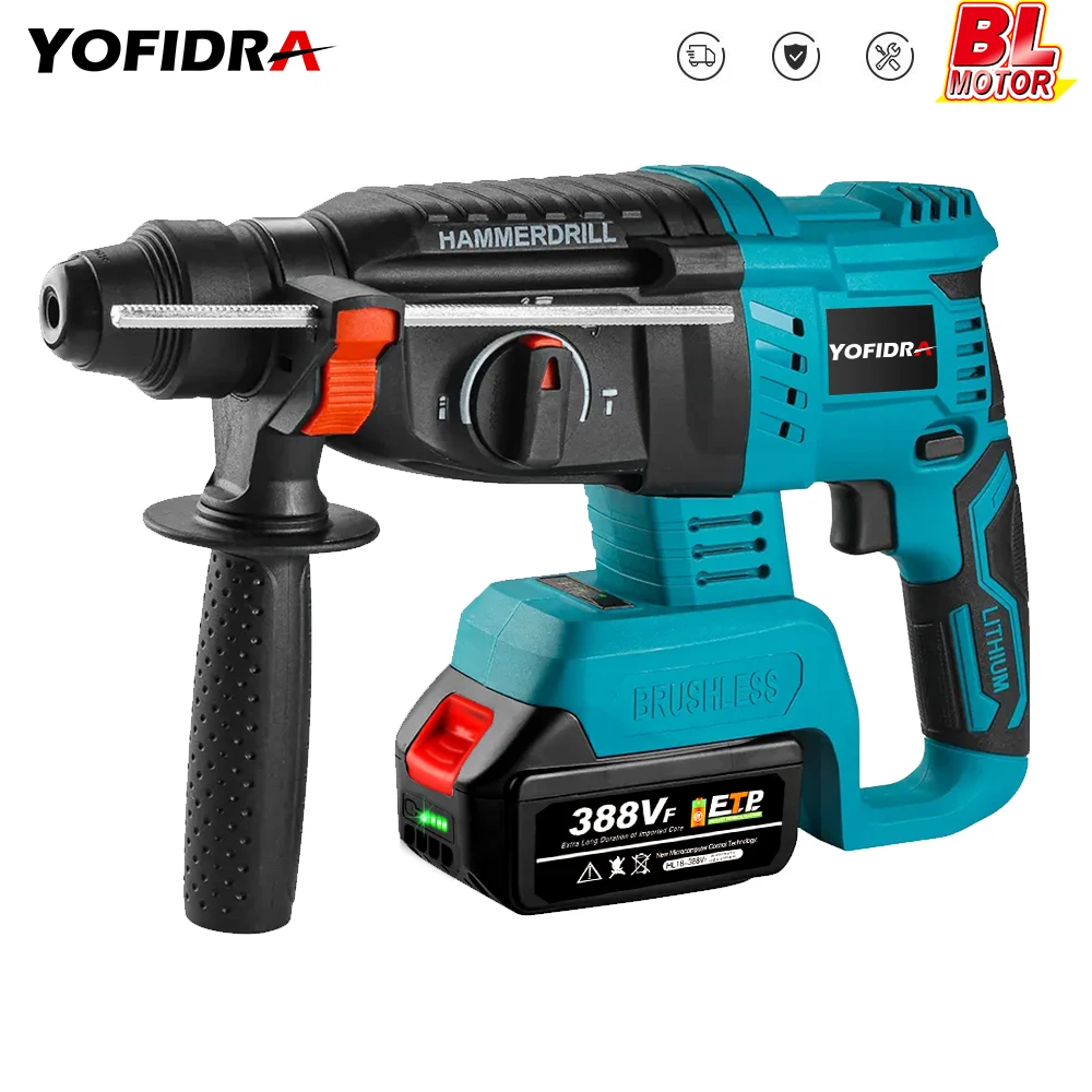 

Yofidra 20V 26mm Brushless Electric Rotary Hammer Electric Pick Impact Drill 3 In 1 with 1/2 Battery for Makita 18V Battery