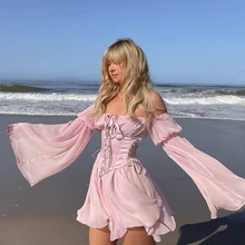 

European and American Chiffon Lantern Sleeve off-Shoulder Dress for Women Early Spring2022Slim Fit Backless Temperament Skirt Fe