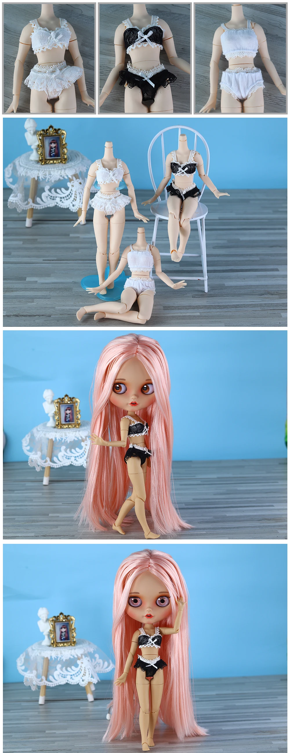 Entworfen für Outfits der Blyth Sweety-Serie im Maßstab 1:6, drei verschiedene Stile hochwertiger Spitzen-BHs und -Slips – Detail 1