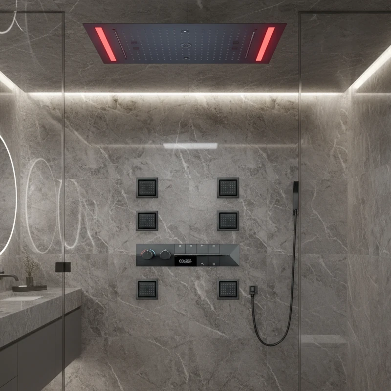 ชุดฝักบัวอาบน้ำคุณภาพสูง M Boenn สีดำด้าน พร้อมไฟ LED อัจฉริยะ หัวฝักบัวสปา ให้ประสบการณ์การอาบน้ำแบบฝนตกในพื้นที่ส่วนตัว 1