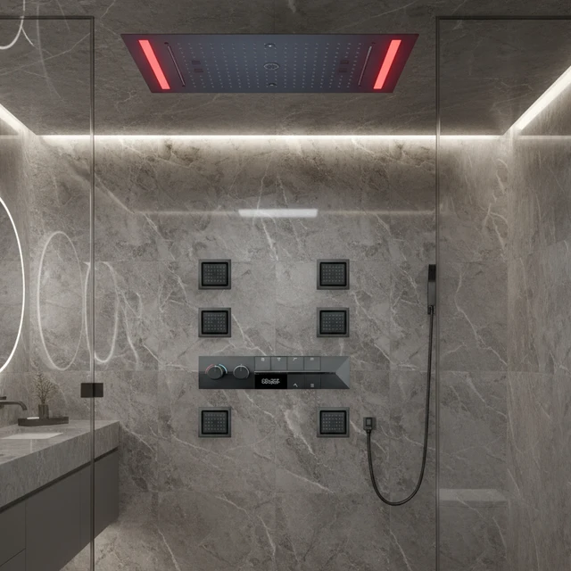 ชุดฝักบัวอาบน้ำคุณภาพสูง M Boenn สีดำด้าน พร้อมไฟ LED อัจฉริยะ หัวฝักบัวสปา ให้ประสบการณ์การอาบน้ำแบบฝนตกในพื้นที่ส่วนตัว 1