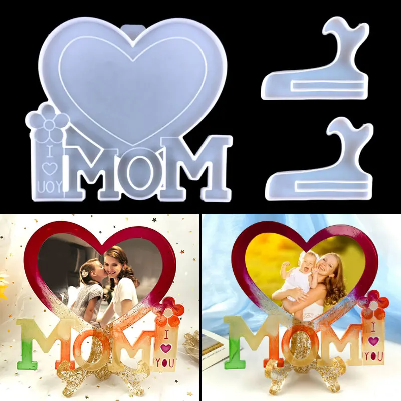 Heart-shaped MOM Letter Photo Frame Silicone Mold for Resin DIY Photo Frame Decoration Epoxy Resin Mold Mother's Day Gift