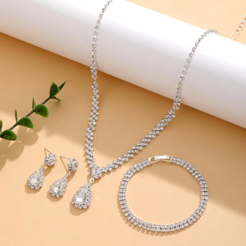 Trendy Water Drop Rhinestone Necklace Bracelet Earrings Jewelry Set for Women Delicate Statement Bride Wedding Jewelry Gifts