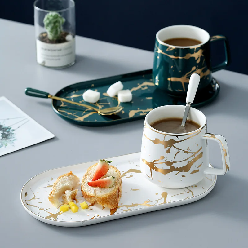 

European Luxury Coffee Cup Plate Set Ceramic Breakfast Tray With Spoon Gold Deposit Marble Afternoon Tea Mug Kitchen Drinking