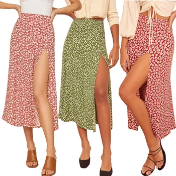 Women's High Waist Leopard Floral Polka Dot Printed High Waisted Stretchy Split Long A-line Skirt for Spring and Summer Season