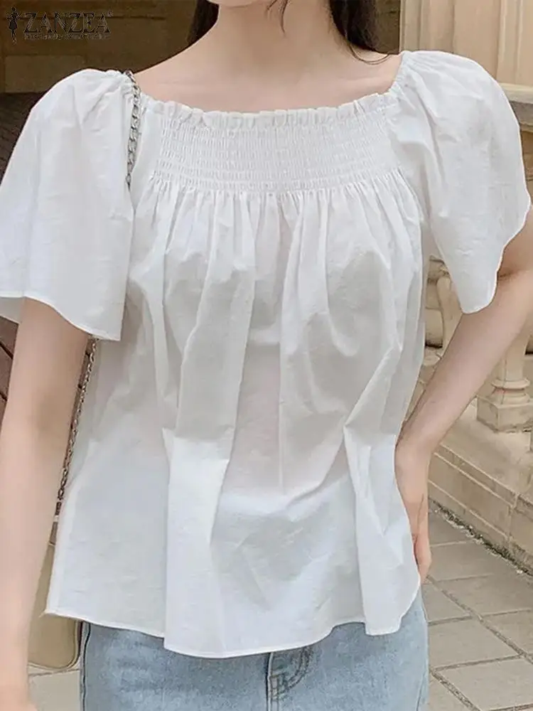 

Женские розовые топы ZANZEA, блузки с квадратным вырезом, лето 2024, корейские праздничные элегантные туники с коротким рукавом, повседневные модные рубашки