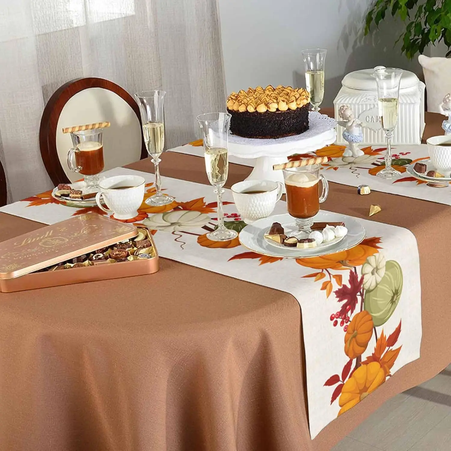 Description Picture 6 of itemThanksgiving Pumpkins Maple Leaves Linen Table Runner Dresser Scarves Farmhouse Kitchen Dining Table Runner Party Decorations
