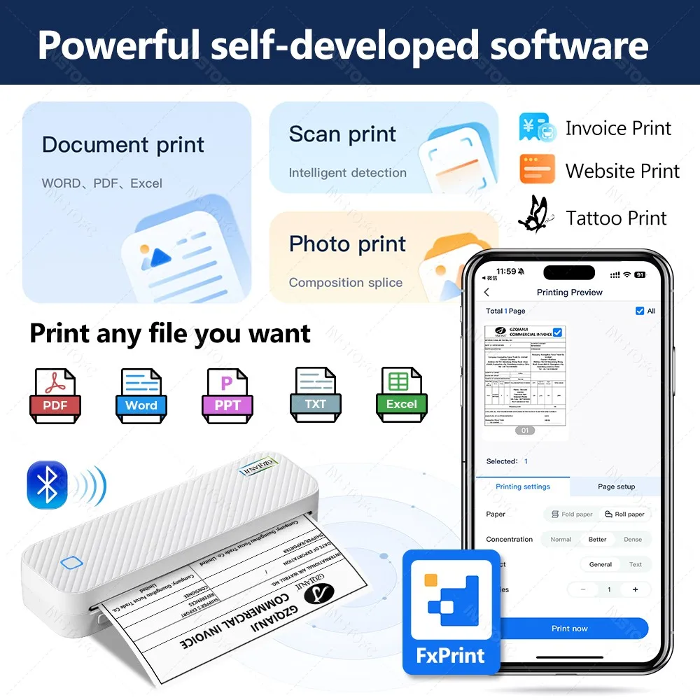 무선 미니 A4 열전 사 프린터 Inkless Portabl Bluetooth A4 용지 사무실/직장/가정용 휴대 전화 사진 문서 프린터