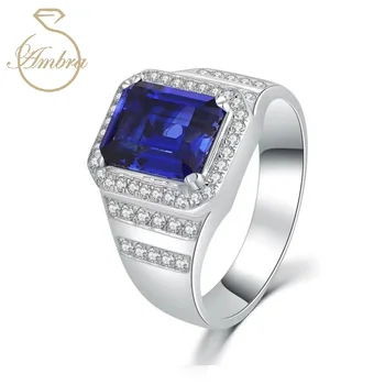 Ambra Jewelry 6ct Blue Sapphire  Moissanite  Radiant Cut 925 Silver  Platinum Plated 925 Sterling Silver Layer Luxury Men's Ring