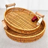 Multi-size Handwoven Rattan Storage Tray Round Wicker Basket Serving Tray With Wooden Handle Bread Food Plate Fruit Cake Platter 5