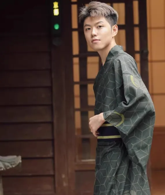 Men's Summer Yukata Deep Green- Samurai-style Navy Checkered Kimono, Wrinkle-Free & Colorfast for Festivals or Cosplay