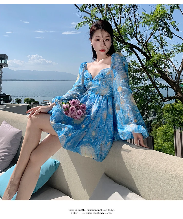 Elegant Printed Short Dresses for Women Backless Holiday Beach Style Lantern Sleeves A-line Floral Mini One Piece Vestido Mujer