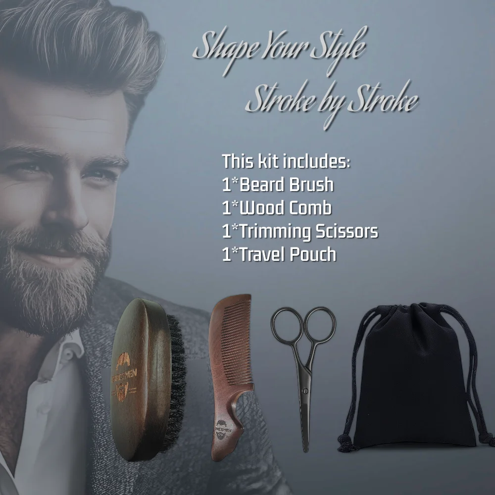 The Gracemen Beard Kit-Retro Beard Brush &Handle Wooden Comb & Stainless Steel Scissors Grooming Set for Men With a Black Bag 6