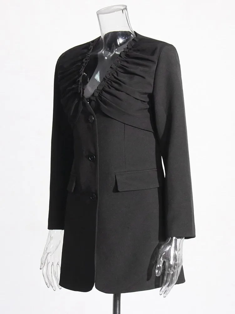 BPN Casual Solid Blazer For Women V Neck Long Sleeve Patchwork Single Breasted Minimalist Blazers Female Fashion Clothing New