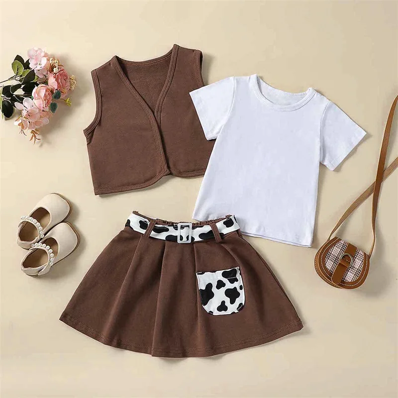 

Listenwind Toddler Girl 3Pcs Western Clothes Short Sleeve Tops + Belted Skirt + Vest Set Baby Clothes For Summer
