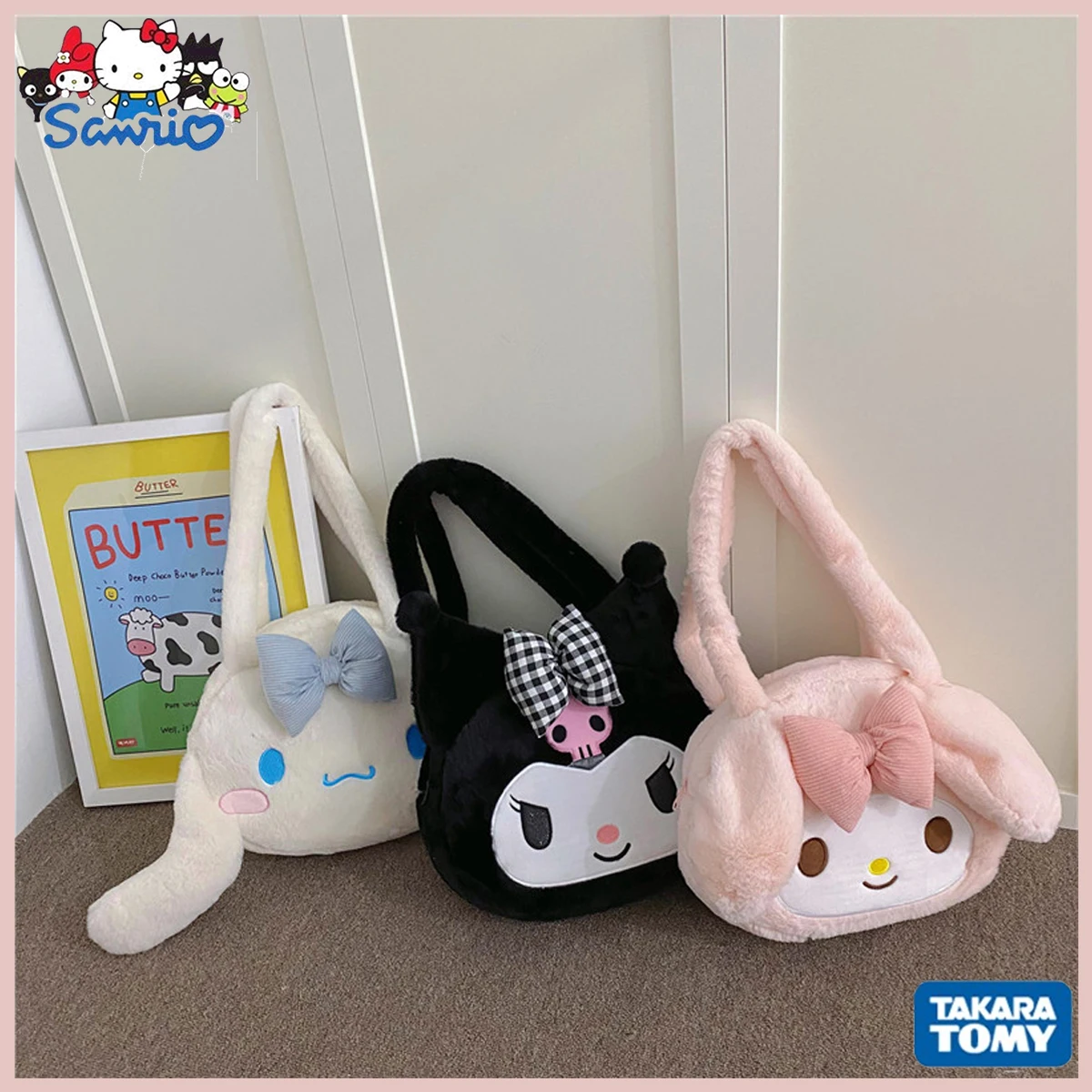 

Kawaii Sanrio Plush Cinnamoroll Melody Kuromi Women Tote Handbags Shoulder Bags Fashion Female Messenger Bags Purses Xmas Gifts