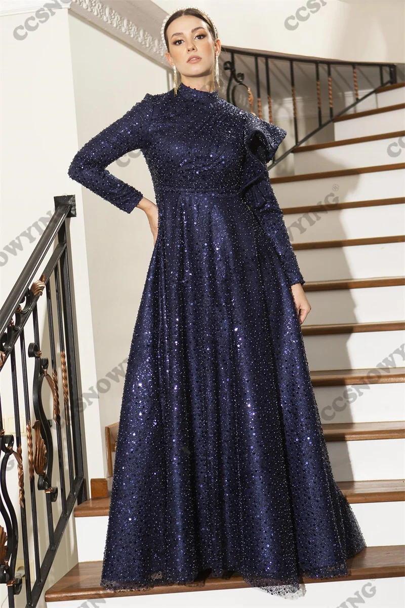 

Luxury Sparkly Sequin Muslim Evening Dresses Long Sleeve Islamic Formal Party Gowns High Neck Women Arabic Robes De Soirée