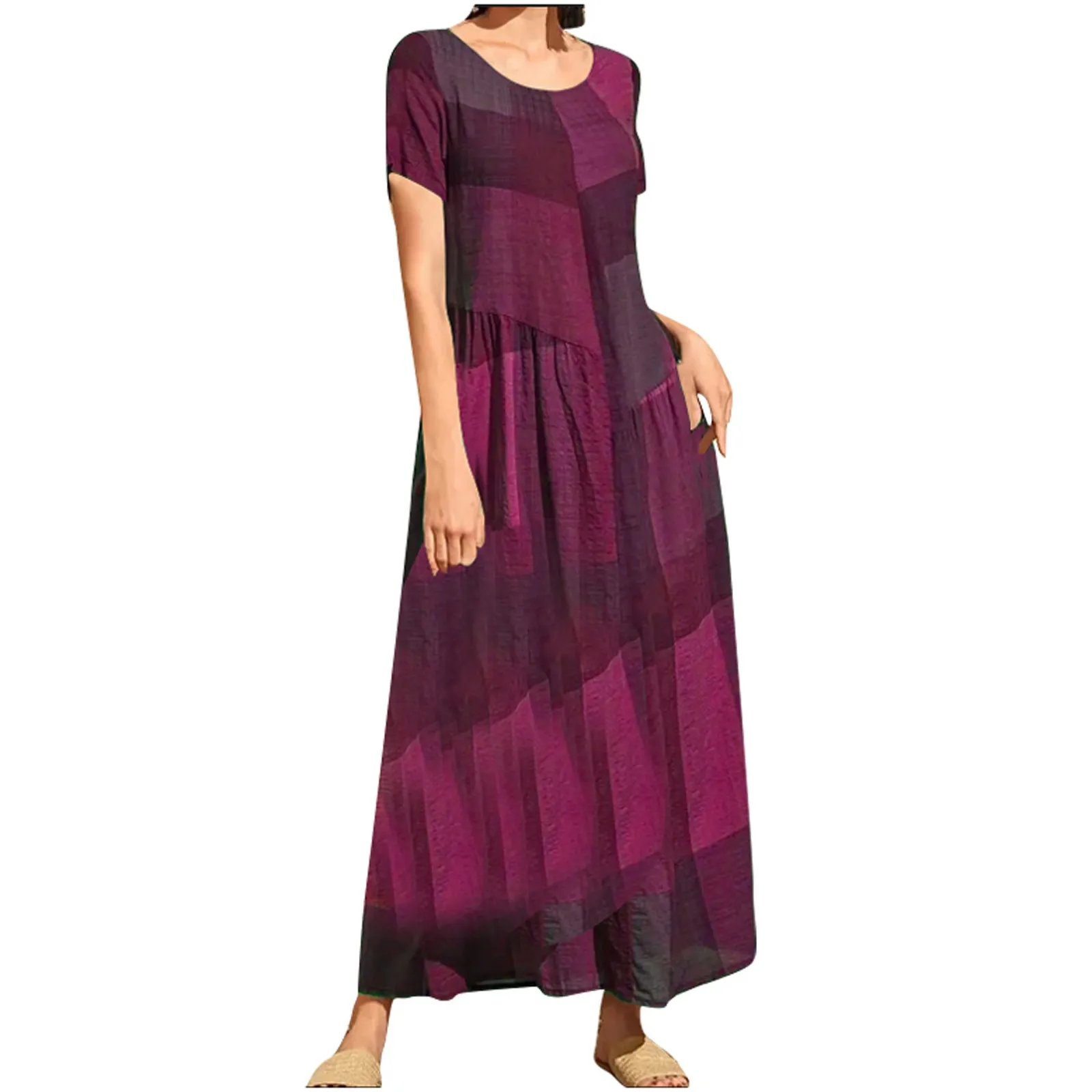 

Summer Women'S Dress Casual Plaid Print Round Neck Retro Short Sleeve Durable Beach Swing Dress With Pocket Sundress Vestidos