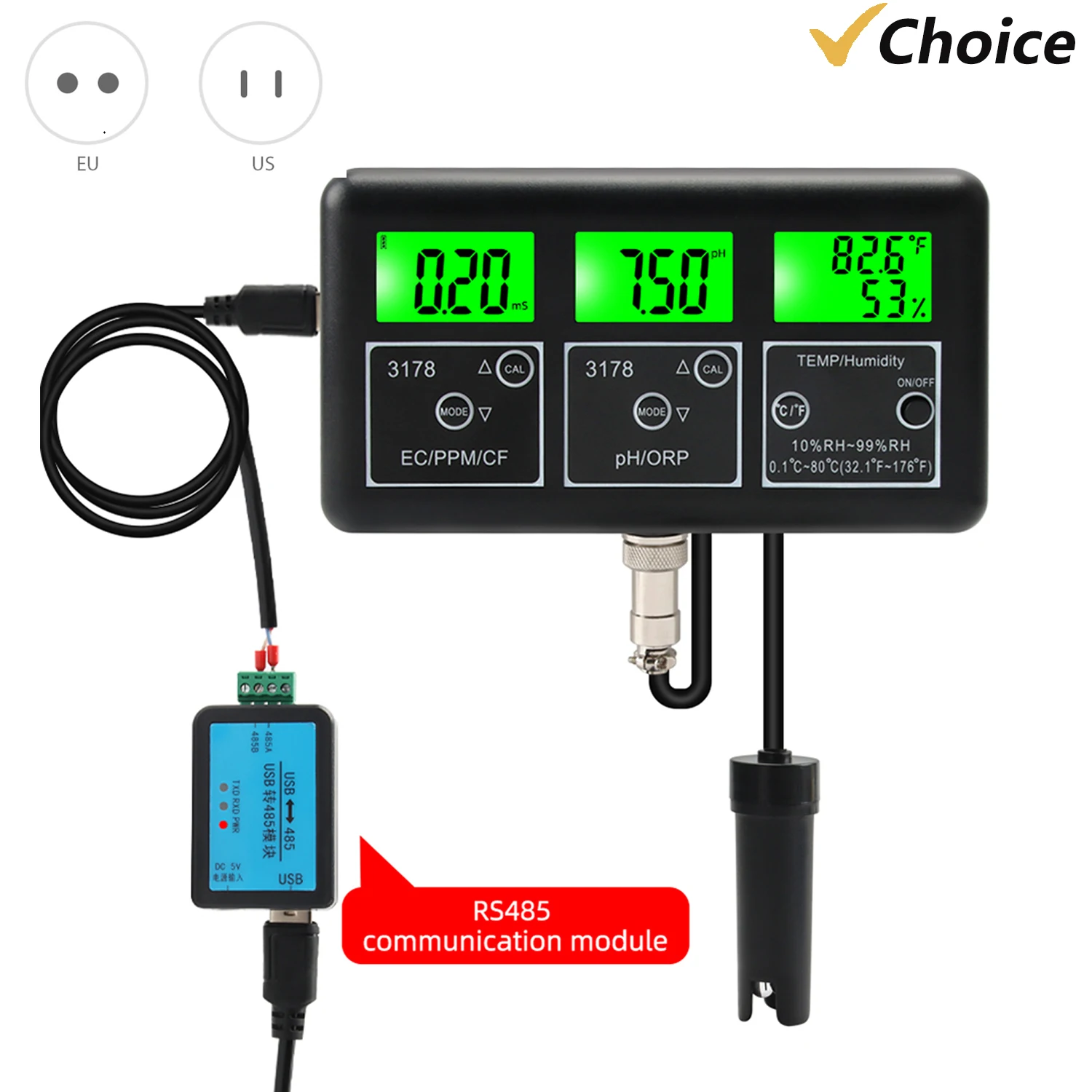 7in1 PH Meter for Water Digital Water Quality Tester EC/TDS/PH/CF/ORP/Temperature/Humidity Meter with RS485 Communication Module