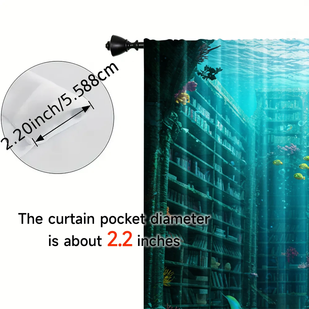 2pcs, spring summer Curtains Underwater library, Gothic architecture, with coral reefs and books Sheer Curtains Durable 100% 5