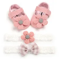 0-18months Baby Girls Baptism Shoes And Headband Set  Soft Sole Floral Mary Jane Flats Shoes For Infant Girls 1