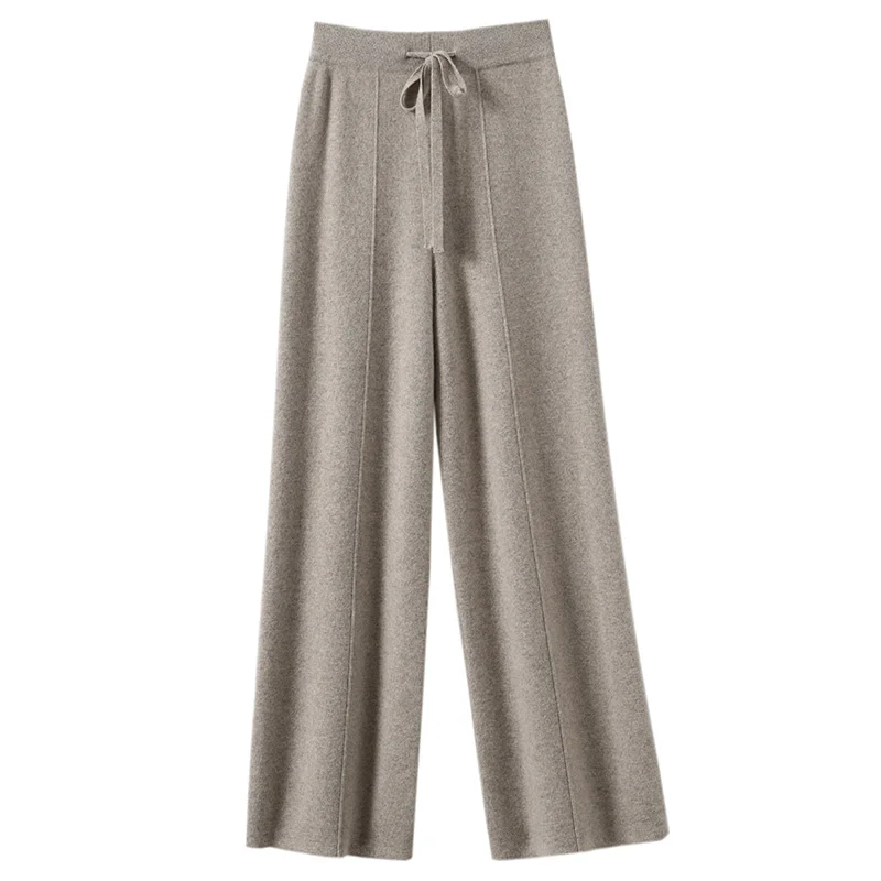 High Waist Knitted Wool Wide Leg Pants Extended Length Dstring Straight Casual Loose Slimming Autumn Winter Faion Ladies