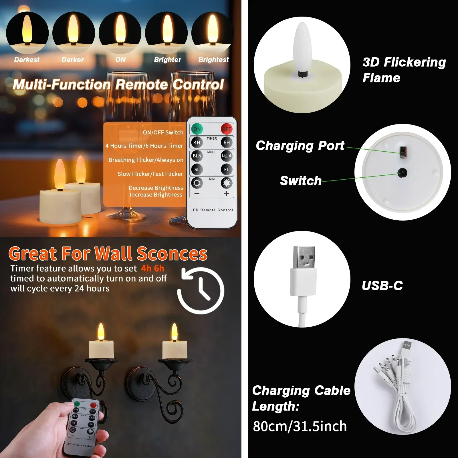 Rechargeable LED Flameless Flickering Tea Light Candles with Remote Timer