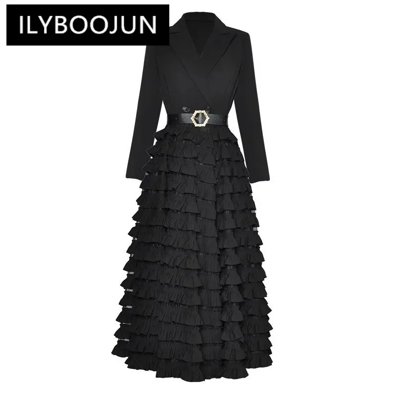 

ILYBOOJUN Fashion Autumn Winter Women's dress Long sleeved Lace up Patchwork Tiered Ruffles Black Windbreaker Dresses