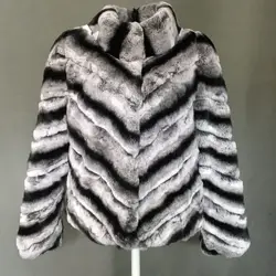 On Sale Natural Rex Rabbit Fur Jacket Chinchilla Color Stripe Women black and white fur Coat
