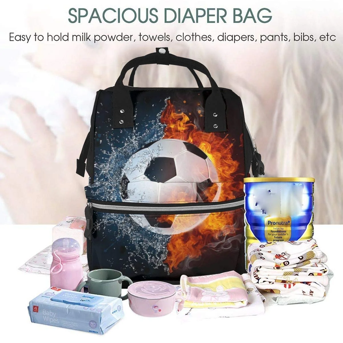 Soccer Ball In Fire And Water Diaper Backpack Multi-Function Organizer Nursing Bag Waterproof Non-fading Nappy Bags