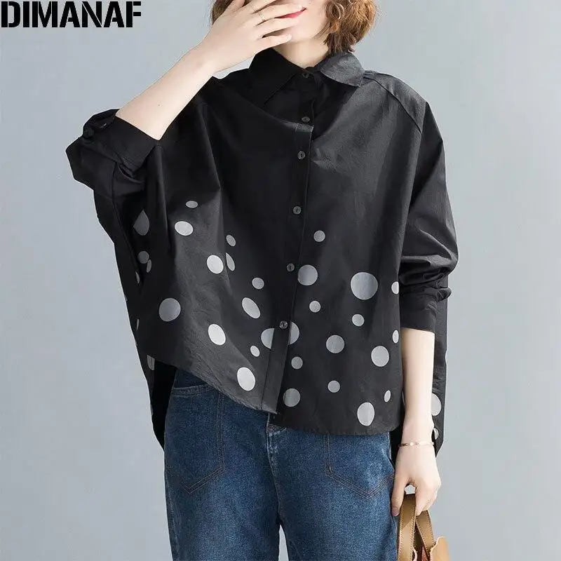 

DIMANAF 2024 Women Shirts Lady Tops Loose Long Sleeve Casual Print Polka Dot Batwing Sleeve Black Button Cardigan Clothing