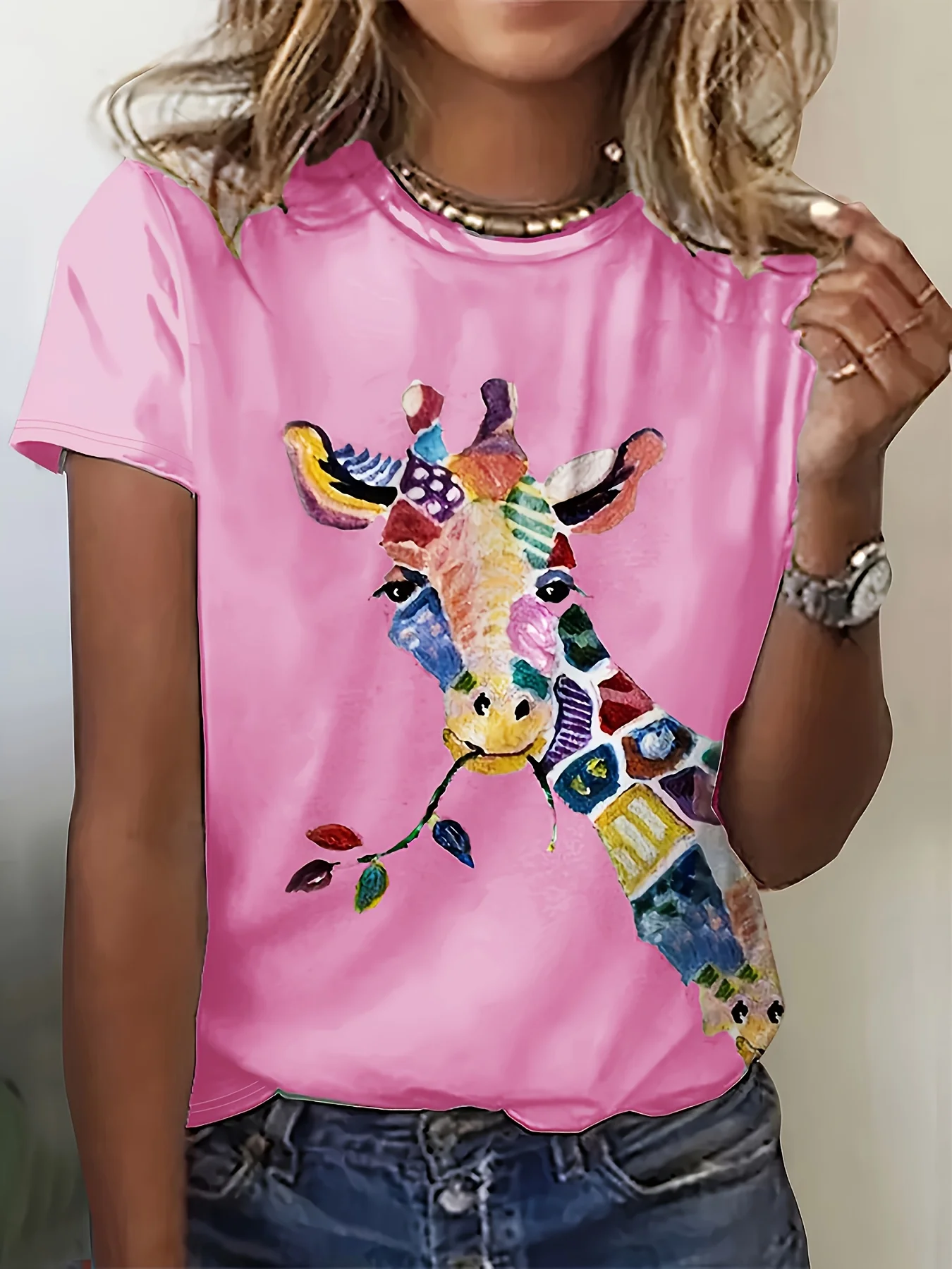 Colorful Abstract Giraffe Women's Tee - Vibrant Patterned Graphic, Artistic Animal Print for Casual Daily Wear 3
