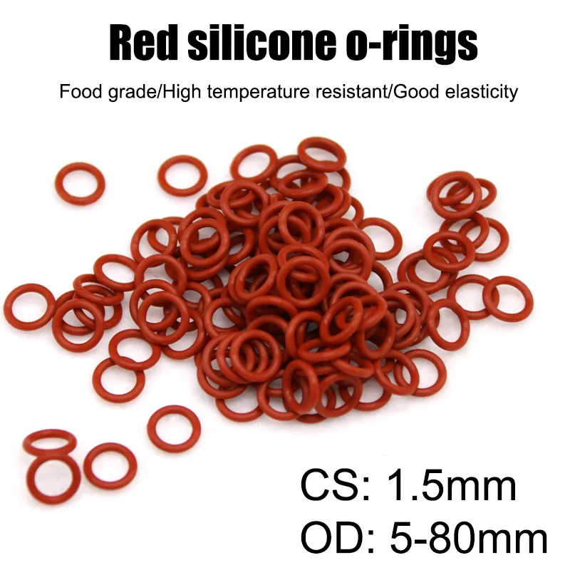 

10pcs OD 5-80mm CS 1.5mm Red VMQ Silicone O Ring Food Grade Waterproof Washer Rubber Insulate Round O Shape Seal Gasket Wire Dia