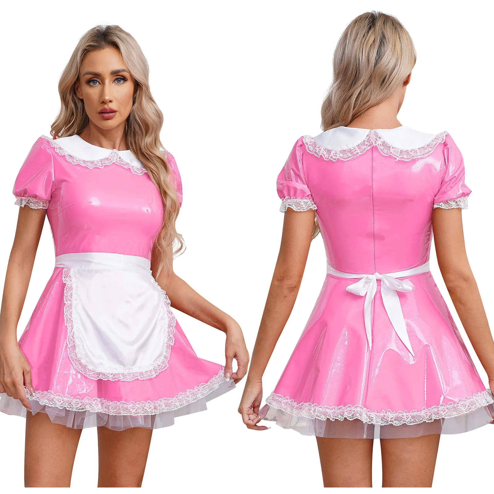 thumbnail image 1 of Disfraz de sirvienta francesa para adultos, uniformes Cosplay con delantal, cuello de muñeca, manga abombada, volantes, encaje, charol, vestido acampanado, 1 of 5