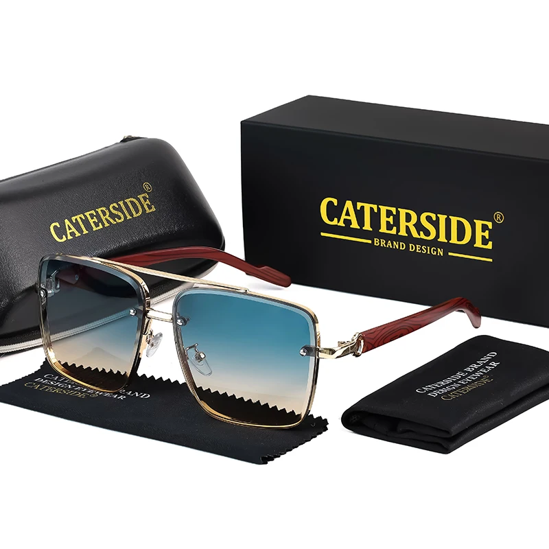 CATERSIDE Retro-Sonnenbrille mit großem, quadratischem Rahmen für Herren, Holzstangen, flacher Oberseite, doppeltem Bügel, für Damen, Reisen, Sport, Partys, UV400